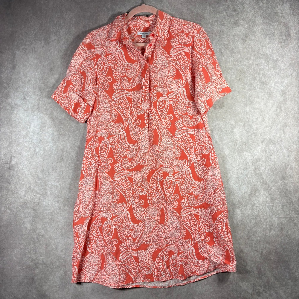 Chico's Linen Shirt Dress Women 0 US 4 Orange Paisley Short Sleeve Boho Pockets